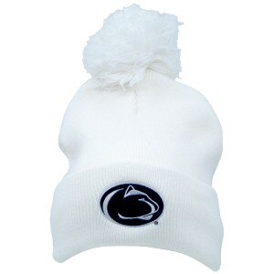 white cuffed knit hat with pom and Penn State Athletic Logo